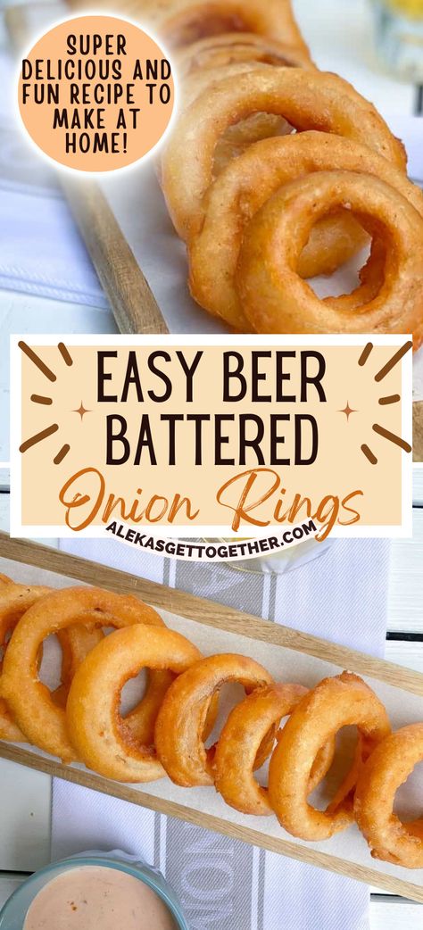 These EASY Beer Battered Onion Rings are the best appetizer to serve with an ice-cold beer! The beer batter helps to create a SUPER crispy, light and fluffy exterior while adding another layer of flavor. Serve your onion rings with this tasty roasted red pepper aioli dipping sauce and your guests will RAVE over them. Red Pepper Aioli, Cooking Videos Tasty, Bite Size Appetizers Easy, Battered Onion Rings, Mini Crockpot Recipes, Bacon Recipes For Dinner, Homemade Onion Rings, Beer Battered Onion Rings, Onion Rings Recipe