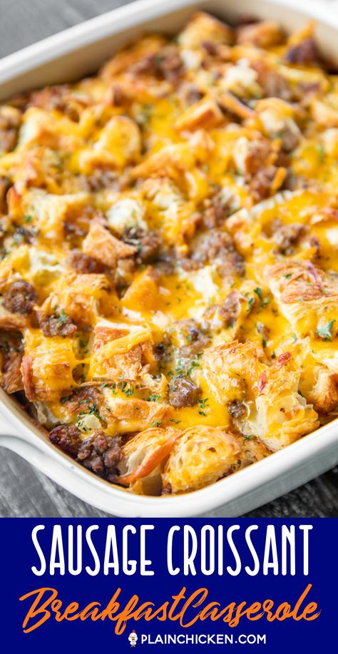 Sausage Croissant, Overnight Sausage Breakfast Casserole, Easy Overnight Breakfast Casserole, Farmers Breakfast, Easy Overnight Breakfast, Vegetable Breakfast, Croissant Breakfast Casserole, Cheesy Breakfast, Breakfast Croissant