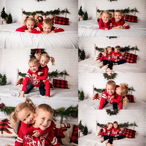 Kids Indoor Christmas Pictures, Christmas Picture Poses For Kids, Christmas Pictures At Home Kids, Christmas Picture At Home, Kid’s Christmas Photoshoot, Diy Christmas Photoshoot Siblings, Brother Sister Christmas Photoshoot, Christmas Diy Photoshoot Kids, Christmas Home Photoshoot Kids