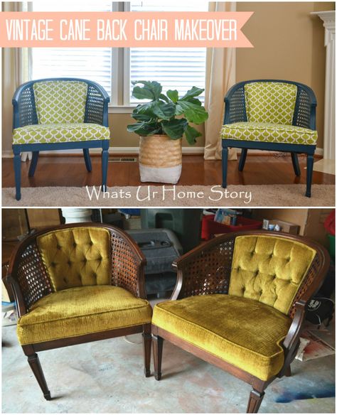 antique cane chair makeover.  Have these very same chairs (2 of them, bought upholstered in the same gold, now recovered) in my bedroom. Cane Chair Makeover, Cane Back Chairs, Reupholster Chair, Reupholster Furniture, Cane Chair, Old Chair, Chair Makeover, Furniture Rehab, Upholstered Chair