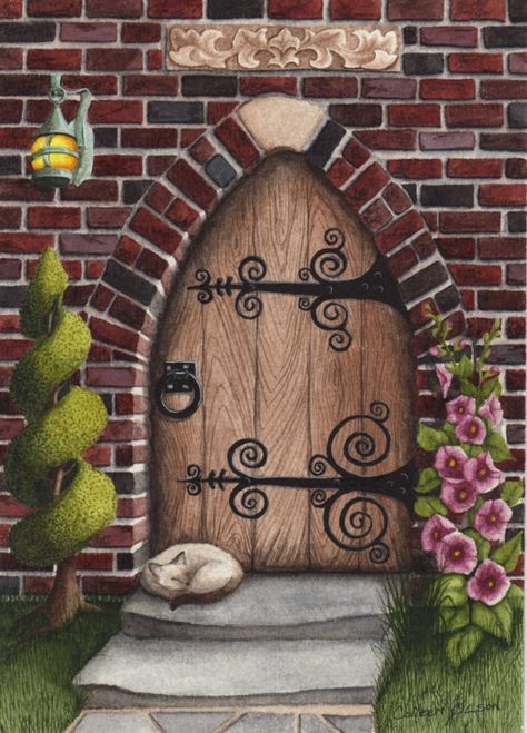 Gothic Arched Door with iron scrolled hinge straps...would be a great pattern for a fairy door! Twin Markers, Gothic Arches, Gothic Door, Medieval Door, Door Print, Arch Door, Gothic Arch, Fairy Garden Doors, Fairy Tree