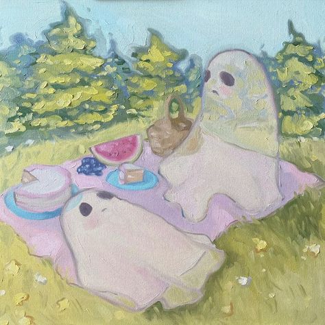 Ghost Picnic Painting, Painting Ideas Cute Animals, Ghost Painting Cute, Aesthetic Ghost Painting, Paint Widget, Dayris Felix Art, Coquette Painting, Coquette Animals, Picnic Painting