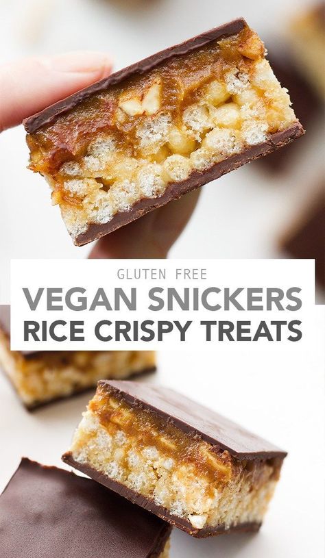 Vegan Snickers Rice Crispy Treats! A decadent dessert of chocolate, gooey caramel mixed with peanuts and a crunchy crispy layer! Gluten free and 10 ingredients #vegan #glutenfree Vegan Rice Krispie Treats, Vegan Snickers, Patisserie Vegan, Cheesecake Vegan, Krispie Treats Recipe, Gooey Caramel, Vegan Rice, Desserts Vegan, Cake Vegan