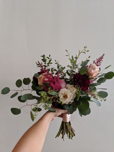 A simple yet moody and whimsical bridal bouquet consisting of dahlias, roses, spray roses, astilbe, and assorted eucalyptus. Queen Annes Lace Bouquet, Whimsical Bridal Bouquet, Bridal Bouquet Eucalyptus, Whimsical Wedding Bouquet, Astilbe Bouquet, Diy Flower Arrangements Wedding, Tropical Wedding Bouquets, Modern Wedding Bouquets, Lace Bouquet