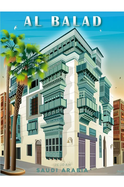 Al Balad Jeddah Art, Saudi Drawing, Saudi Illustration, Al Balad Jeddah, Saudi Tourism, Saudi Arabia Poster, Saudi Arabia Tourism, Saudi Architecture, Saudi Art