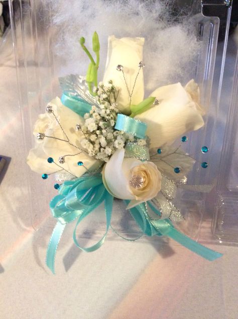 Corsage Prom Turquoise, Prom Flowers Teal Dress, Prom Flowers Bouquet Teal Dress, Aqua Blue Corsage Prom, Light Blue And Silver Corsage, Blue Prom Suit, Blue Corsage, White Corsage, Corsage Prom