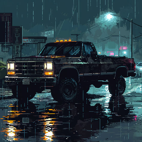 pixel art black truck in the rain Pixel Art Black, Squarebody Truck, Truck Drawing, Black Truck, Rain Wallpapers, 8bit Art, Lifted Truck, Hybrid Car, Car Lease