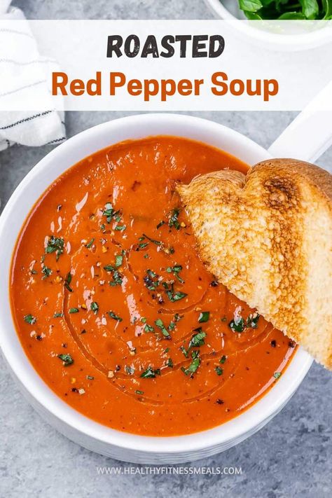 Toasted Red Pepper And Tomato Soup, Red Pepper Soup Crockpot, Sheet Pan Roasted Red Pepper Soup, Roast Pepper Soup, Roasted Red Pepper Soup Recipe, European Soup, Red Bell Pepper Soup, Red Pepper Soup Recipe, Roasted Red Peppers Recipes