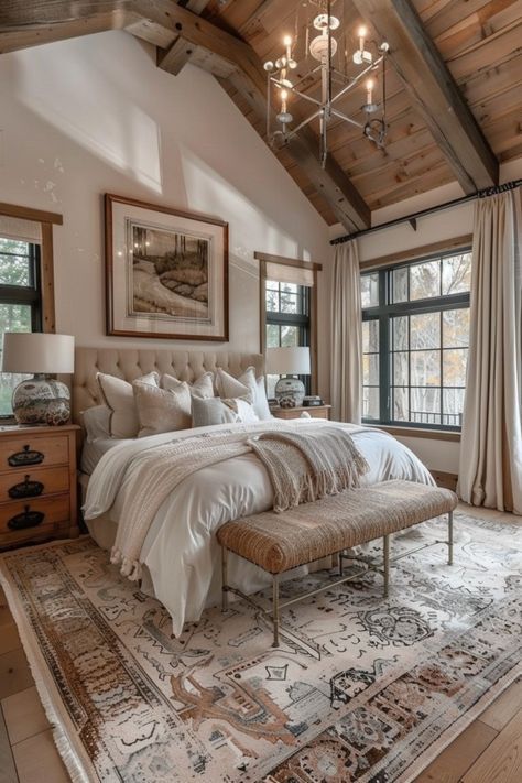 Timber Frame Bedroom, Master Bedrooms Wallpapers Ideas, Master Bedrooms Designer, Primary Suite Ideas, Dream Master Bedrooms, Luxury Farmhouse Bedroom, Master Suite Ideas, Modern Farmhouse Bedroom Master Suite, Rustic Modern Bedroom