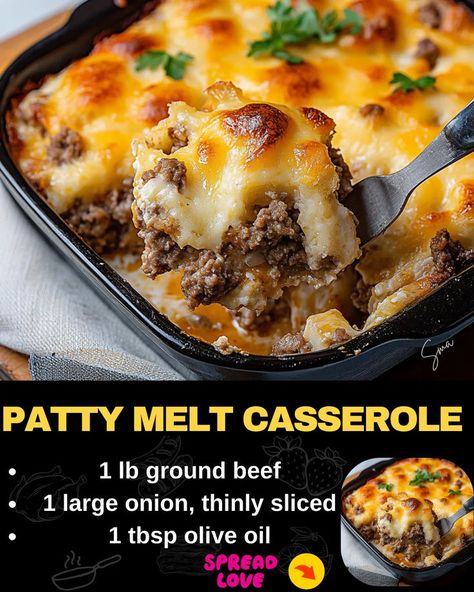 Patty Melt Casserole Bacon Cheeseburger Meatloaf, Beef Tips And Noodles, Patty Melt Recipe, Baked Meatloaf, Bacon Cheeseburger Casserole, Dinner Ingredients, Mexican Casserole Recipe, Ground Beef Casserole Recipes, Comforting Dinner