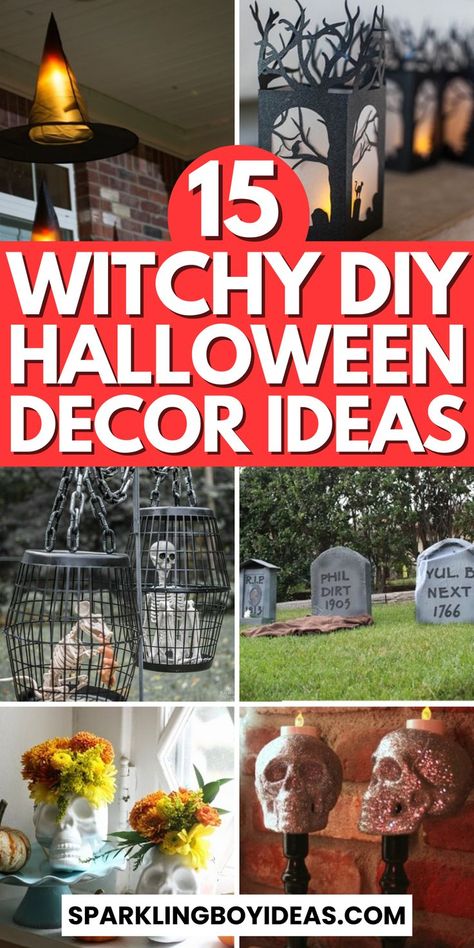 Halloween decorations can transform your home into a spooky wonderland. Discover DIY Halloween crafts and haunted house decorations. From pumpkin carving ideas to witch decorations, we've indoor and outdoor Halloween decor ideas. Enhance your decor with skeleton and ghost-themed decorations, Halloween wreaths, and monster decor. Gothic home decor and vintage Halloween decor add elegance, while inflatables and spooky lighting ideas make your Halloween front porch decor stand out. Diy Witch Decorations Outdoor, Diy Gothic Decor Crafts, Spooky Lighting, Aesthetic Halloween Decor, Monster Decor, Outdoor Halloween Decor Ideas, Witch Decorations, Diy Halloween Witch, Scary Halloween Decorations Diy