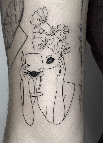 Wine Tattoo, Small Girly Tattoos, Silhouette Tattoos, Tato Lengan, Small Hand Tattoos, Line Art Tattoos, Tattoo Ideas For Women, Tattoo Feminina, Head Tattoos