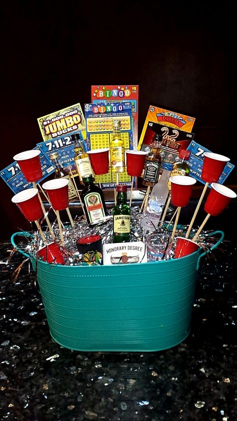 Lottery Ticket Gift, Liquor Gift Baskets, Guys 21st Birthday, 50th Birthday Presents, 21st Bday Ideas, Liquor Gifts, Raffle Basket, Birthday Basket, Birthday Gift Baskets