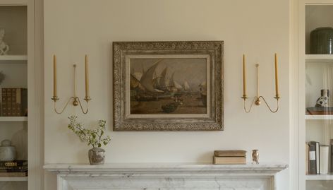 Art Above Couch With Sconces, Park Hill Collection Home Decor, Recessed Nook In Wall, Timeless Mantle Decor, Cozy Brownstone Interior, Antique Brass Gallery Wall, Frame Tv Sconces, Magnolia Wall Decor, Wall Art Living Room Traditional