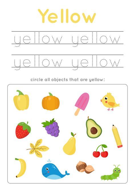 Color Yellow Worksheets For Preschool, Yellow Worksheets Preschool, Color Yellow Activities For Preschool, Yellow Activities For Preschool, Color For Preschool, Kids Writing Practice, Color Preschool, Writing Games For Kids, Food Worksheet