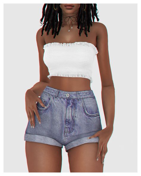 Set with denim shorts and shirred tube top with ruffles 🥰 Sims 4 Afro Hair, Mods Sims 4, Cc Top, Sims 4 Male Clothes, Maxis Match Cc, Sims Baby, Cc Folder, Ruffle Tube Top, Sims 4 Game Mods