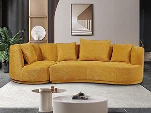 kevinplus 109.8'' Curved Sofa Couch Sectional Sofa Couch with Moveable Round Seat for Living Room, Modern Contemporary High-End 4-Seat Sofa Couch with Throw Pillows, Teddy Fabric, Yellow Couch With Throw Pillows, Sofa For Living Room, Fabric Yellow, Teddy Fabric, Mid Century Living Room, Mid Century Sofa, Sectional Sofa Couch, Curved Sofa, Swivel Chair