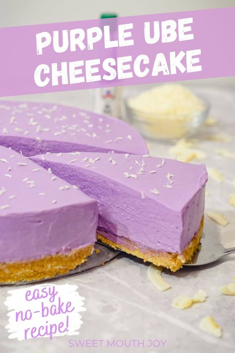 A deliciously easy no-bake ube cheesecake recipe! Made with a coconut and cookie base and creamy ube filling using ube extract. Check out this simple recipe for one of my best ube desserts! Ube Cheesecake Recipe, White Choc Chip Cookies, Ube Desserts, Ube Extract, Ube Cheesecake, Ube Recipes, Recipe For One, Cookie Base, Baked Cheesecake Recipe