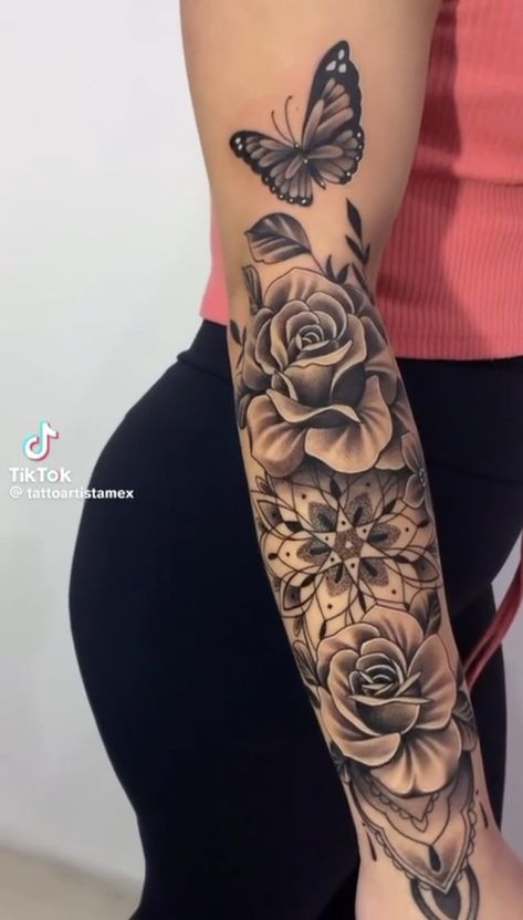 Mexican Style Tattoos For Women, Women’s Arm Sleeve, Wrap Around Arm Tattoo For Women, Girly Sleeve Tattoo, Pictures Of Tattoos, Lower Arm Tattoos, Around Arm Tattoo, Arm Sleeve Tattoos For Women, Henna Inspired Tattoos