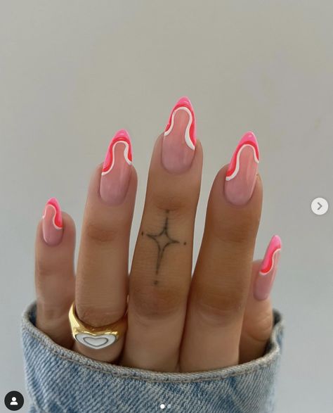 Summer Nails 2024 Almond Shape, Fun Summer Almond Nails, Bahama Nails, Vivi Aesthetic, Pink Almond Nail Designs, Bright Pink Nails, Unghie Nail Art, Hot Pink Nails, Nagel Tips