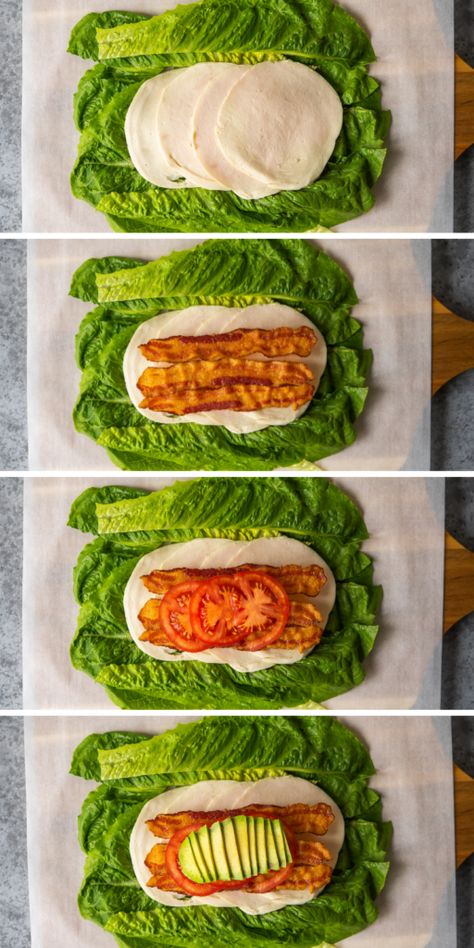 Use this No Bread Turkey Club method to make your favorite sandwich into a low carb sandwich. Make a no bread sandwich by rolling all of your favorite fillings into a romaine lettuce wrap. Lunch Meat Lettuce Wraps, Lettuce Sandwich Wraps Keto, How To Wrap A Lettuce Wrap, Keto Sandwich Ideas No Bread, How To Make A Lettuce Wrap, Romain Lettuce Wraps, No Bread No Pasta Meals, No Carb Sandwich Ideas, Breadless Sandwich Ideas