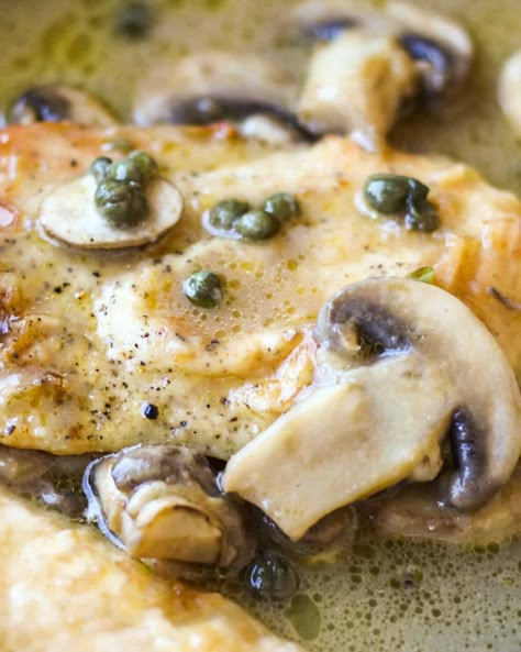 Chicken Piccata with Mushrooms and Capers - Savas Kitchen Chicken Piccata With Capers, Chicken Scallopini, Piccata Sauce, Capers Recipe, Capers Chicken, Chicken Piccata Recipe, Artichoke Chicken, Chicken Piccata, Baked Chicken Breast