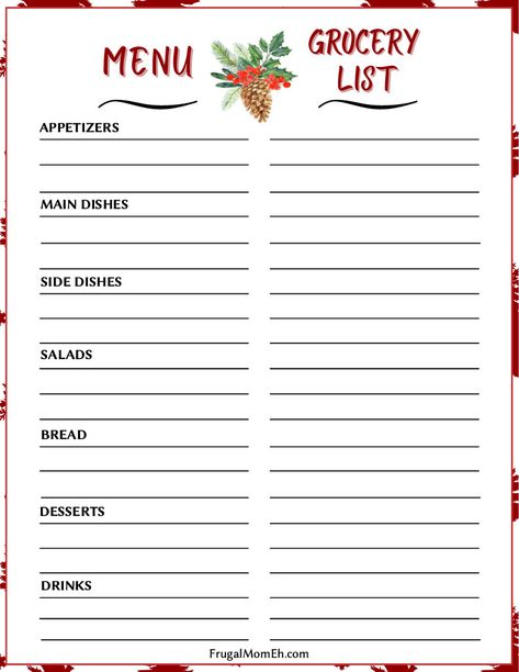 Christmas Dinner Timeline, Free Christmas Menu Templates Printable, Christmas Menu Design Templates, Holiday Menu Design, Christmas Menu List, Christmas Dinner List, Christmas Grocery List, Food Shopping List Template, Holiday Grocery List