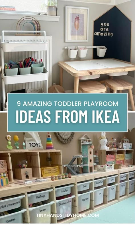 A collage of IKEA playroom design and storage ideas. The text over the image says, "9 Amazing Toddler Playroom Ideas from IKEA". Ikea Playroom Storage, Ikea Kallax Playroom, Ikea Playroom Ideas, Toddler Room Storage, Kallax Playroom, Small Playroom Organization, Functional Playroom, Ikea Kids Storage, Playroom Ikea