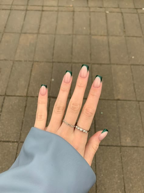 French Tip Nails Forest Green, Green And White Tip Nails, Tapered Square Green Nails, Forest Green French Tip Nails Square, Green Tips Nails Square, Two Tone Green French Tip Nails, Opposite French Tip Nails, Dark Green French Tips Square, Square Nails Ideas Green