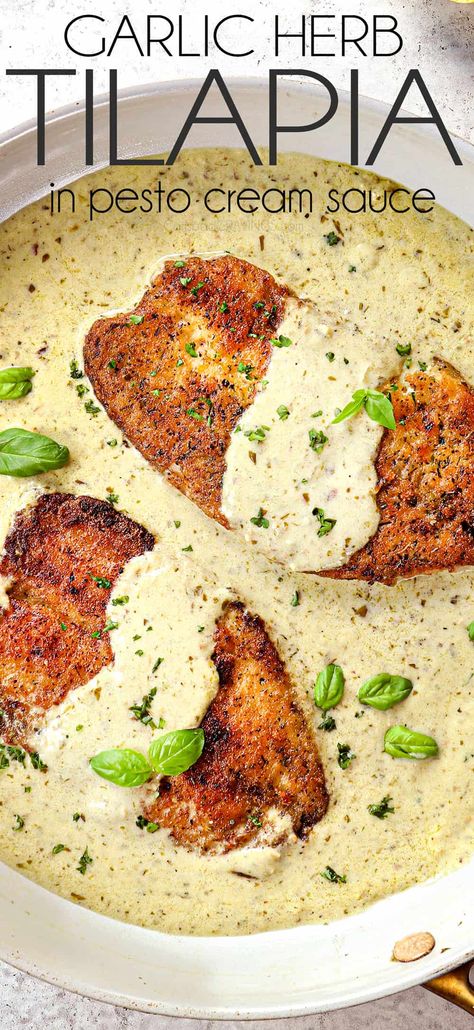 Pan Fry Tilapia, Fried Tilapia Recipes, Pesto Cream Sauce, Pan Fried Tilapia, Fried Tilapia, Fish Dinner Recipes, Gourmet Restaurant, Carlsbad Cravings, Tilapia Recipes