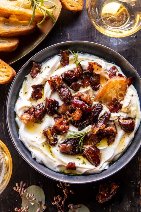 Whipped Goat Cheese with Warm Candied Bacon and Dates | halfbakedharvest.com Half Baked Harvest Goat Cheese Dip, Creamy Goat Cheese Bacon And Date Dip, Baked Goat Cheese With Honey, Half Baked Harvest Dip, Half Baked Harvest Appetizers Easy, Whipped Goat Cheese Dip Honey, Half Baked Harvest Appetizers, Whipped Goat Cheese Dip, Honey Whipped Goat Cheese