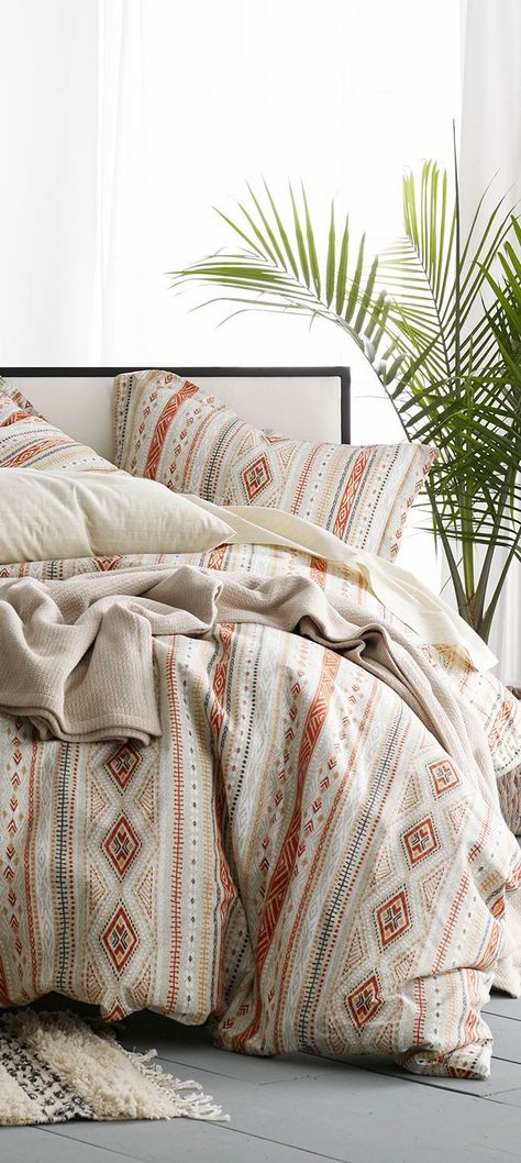 Modern tribal. Southwestern stripes warm the textural ground of this duvet cover set in spicy shades of curry, paprika, charcoal, and gray. Printed on smooth cotton percale. #duvetcovers #bedding #bedrooms #bedroomideas #masterbedroom #decoratingideas Western Duvet Cover Sets, Southwest Duvet Cover, Western Boho Duvet Cover, Aztec Duvet Cover, Southwestern Duvet Cover, Boho Sheets Bedding, Western Duvet Covers, Boho Western Bedding, Bed Duvet Covers Ideas