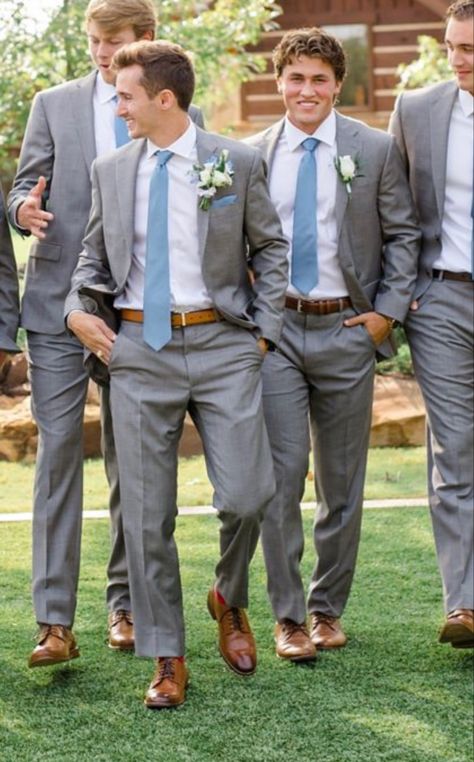 Blue Grey Wedding Suit, Slate Gray Groomsmen Suits, Light Grey Suit With Dusty Blue Tie, Dusty Blue And Grey Wedding Groomsmen, Grey Suit Blue Bridesmaid Dress, Grey Suit With Dusty Blue Tie, Grey And Blue Wedding Suit, Wedding Colors With Grey Suits, Dusty Blue Wedding Menswear