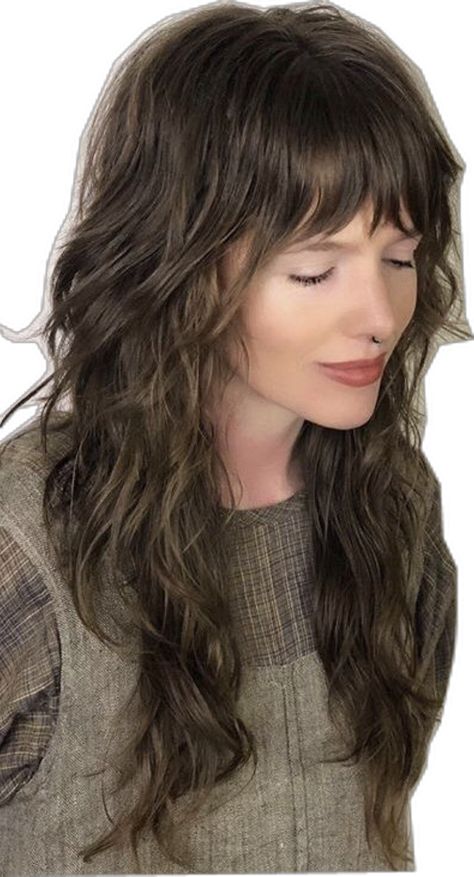 Long Shag Thick Hair, Shag Hairstyles Long With Bangs, 70s Shaggy Hair Long, Shaggy Haircut Bangs, Whimsigoth Haircut, Long Shaggy Haircuts With Bangs, Long Female Mullet, Shag Hairstyle Long, Long Shag Mullet Haircut