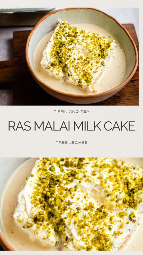 Malai Cake, Saffron Tres Leches Cake, Cardamom Tres Leches, Saffron Milk Cake, Desi Fusion Desserts, Indian Milk Cake, Ras Malai Tres Leches Cake, Ras Malai Cake, Ras Malai