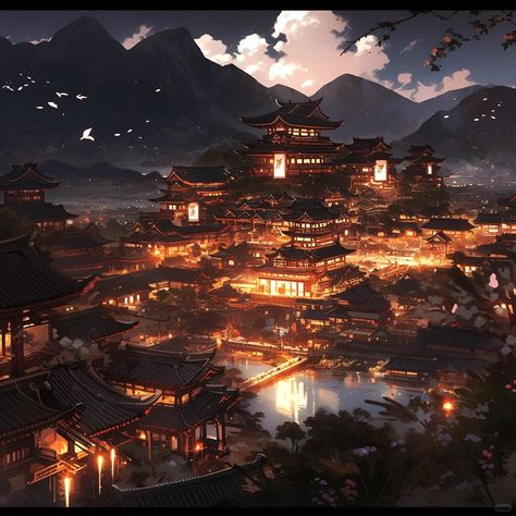 Fantasy Japanese City Concept Art, Asian Kingdom Fantasy Art, Chinese City Fantasy Art, Asian Palace Fantasy Art, Japanese Palace Fantasy Art, Fantasy Chinese City, Asian Fantasy City, Chinese Palace Fantasy Art, Japan City Aesthetic