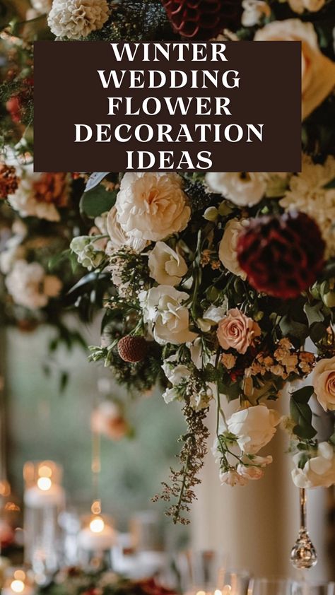 Elegant winter wedding flower decorations with seasonal blooms and greenery January Wedding Florals, Winter Wedding Christmas Tree, December Wedding Florals, Floral Decoration Ideas, Winter Floral Decor, Wedding Chapel Decorations, Winter Wedding Florals, Winter Wedding Arch, Altar Flowers Wedding