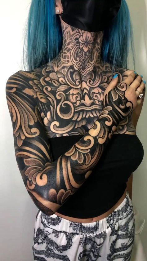 Ornamental sleeve and chest tattoos done by Melow Perez (@melowperez)#tattoo #tattoocare #tattoosupplier Ornamental Sleeve, Exotic Tattoos, Geometric Tattoo Sleeve Designs, Full Chest Tattoos, Egyptian Tattoo Sleeve, Black Art Tattoo, Torso Tattoos, Tattoo Techniques, Tattoed Women