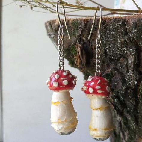 Fly Mushroom, Fairytale Earrings, Fly Agaric Mushroom, Cold Porcelain Clay, Cold Porcelain Flowers, Fly Agaric, Mushroom Earrings, Clay Figurine, Porcelain Flowers