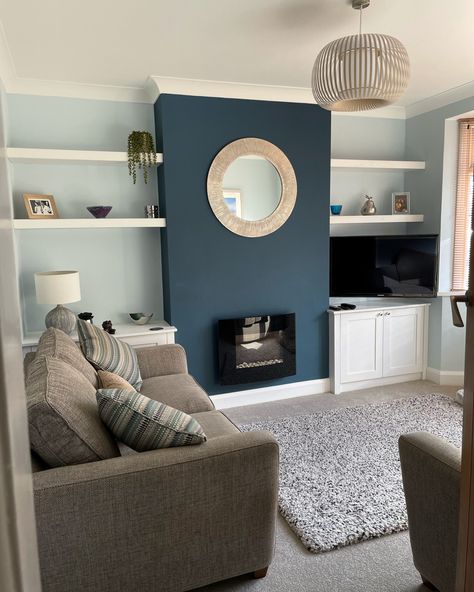 Chimney Feature Wall Living Rooms, Small Living Room Feature Wall Ideas, Chimney Feature Wall, Two Feature Walls Living Rooms, Midnight Teal Dulux Heritage, Wall Extension Ideas Living Room, Living Room Designs With Chimney, Small Living Room Chimney Wall Ideas, Teal Media Wall