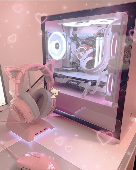 Razer Kraken Kitty, Pc Games Setup, Gaming Desk Setup, Best Gaming Setup, Pink Games, Kawaii Games, Gamer Setup, Computer Set, Otaku Room