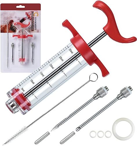 JY COOKMENT Meat Injector Syringe, 1-oz Marinade Flavor Injector with 2 Professional Needles,1 Cleaning Brushes Meat Injector, Bland Food, Christmas Turkey, Wood Charcoal, Portable Grill, Cleaning Brushes, Ergonomic Handle, Outdoor Cooking, Perfect Christmas Gifts