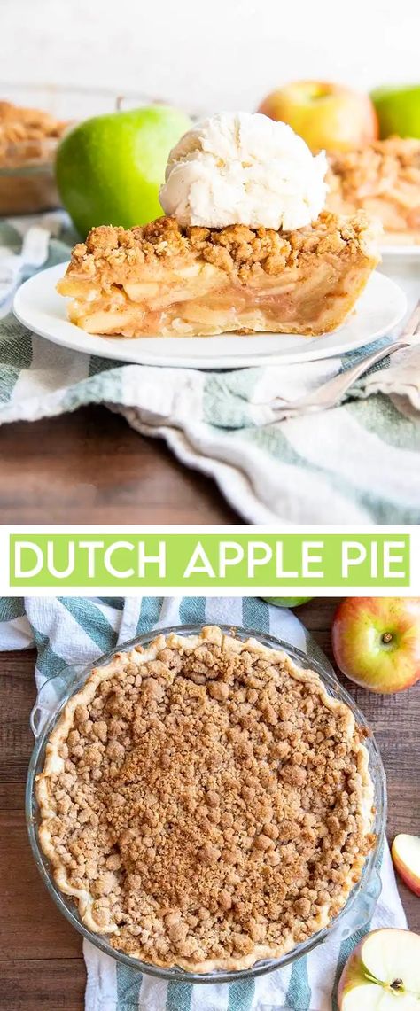 This dutch apple pie is made with a buttery pie crust, filled with sweet spiced apples, and topped with the best buttery crunchy brown sugar crumble topping. It's the best way to have apple pie and it's the best fall dessert! Dutch Crunch Apple Pie, Dutch Apple Pie Recipe Easy Homemade, Dutch Apple Pie With Canned Filling, Dutch Apple Pie Recipe Easy, Dutch Apple Pie Cheesecake, Apple Pie Crumble Topping, Easy Dutch Apple Pie, Brown Sugar Crumble Topping, Pie Crumble Topping