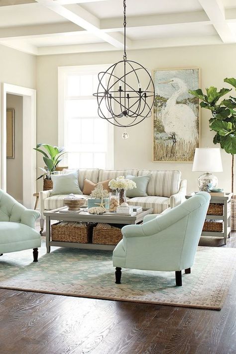 Pretty Living Room Colors, Cozy Coastal Living Room Beach, Cozy Coastal Living Room, Pretty Living Room, Striped Sofa, Coastal Decorating Living Room, Real Estat, Coastal Living Rooms, Coastal Living Room