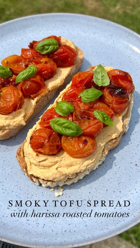 SMOKY TOFU SPREAD with harissa roasted tomatoes 🍅 Using smoked tofu to create a high-protein spread with a deliciously smoky, “cheesy”… | Instagram Recipes With Smoked Tofu, Smoked Tofu Dishes, Smoked Tofu Recipe, Tofu Spread, Tofu Snacks, Rose Harissa, Smoked Tofu, Roast In The Oven, Wfpb Diet