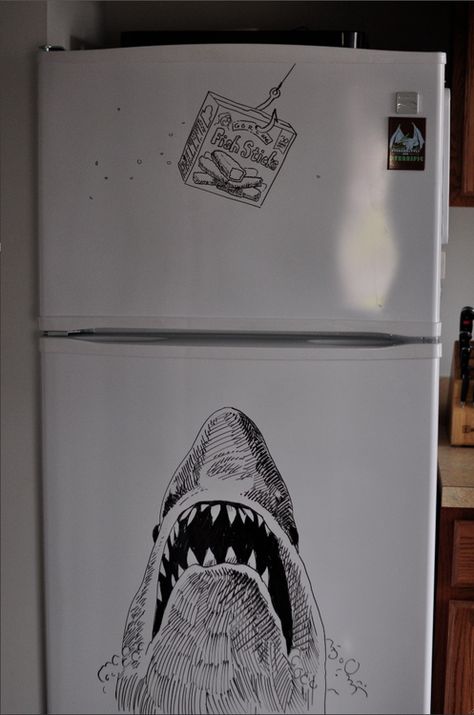 Jaws being teased with fish sticks. | Community Post: 20 Amazing Works Of Refrigerator Door Art Dry Erase Board Drawings, Dry Erase Board Art, Sketchbook Examples, White Board Drawings, Whiteboard Art, Expo Marker, Bob Ross Paintings, Dry Erase Board, Dry Erase