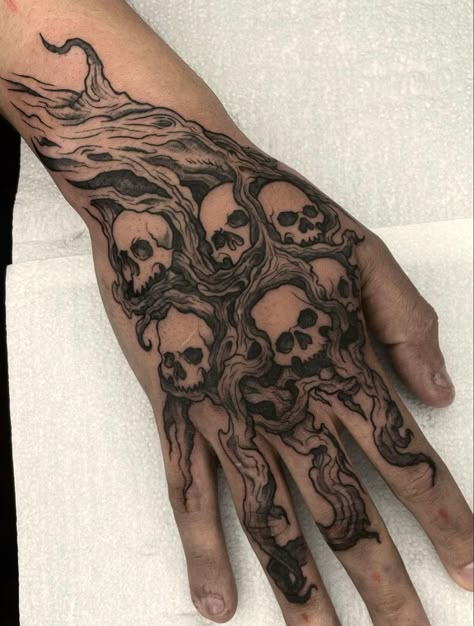 Creepy Hand Tattoo Design, Novus Ordo Seclorum Tattoo, Grim Reaper Shin Tattoo, Goth Hand Tattoos Men, Shadow Hand Tattoo, Macabre Tattoo Designs, Hand Tattoos Masc, Vampire Hand Tattoo, Hand Tattoos Masculine