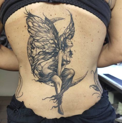 Fairy Flower Tattoos For Women, Dark Fairies Tattoo, Fairy Tattoo Realistic, Fairy Portrait Tattoo, Big Fairy Tattoo, Realistic Fairy Tattoo, Faerie Tattoo Ideas, Fairy Tattoo Ideas For Women, Mythical Tattoos For Women