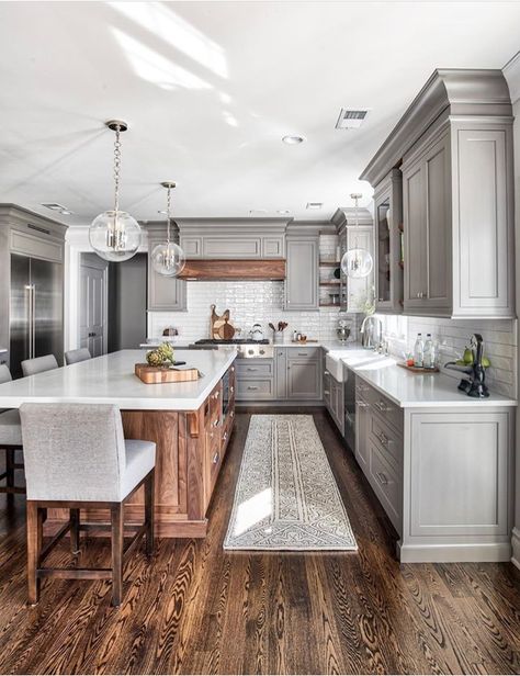 Grey and white kitchen with natural wood accents Grand Kitchen, Grey Kitchen Designs, Happy Room, Stair Case, Dream Kitchens, Grey Kitchen Cabinets, Grey Kitchen, Kitchen Inspo, Naples Florida