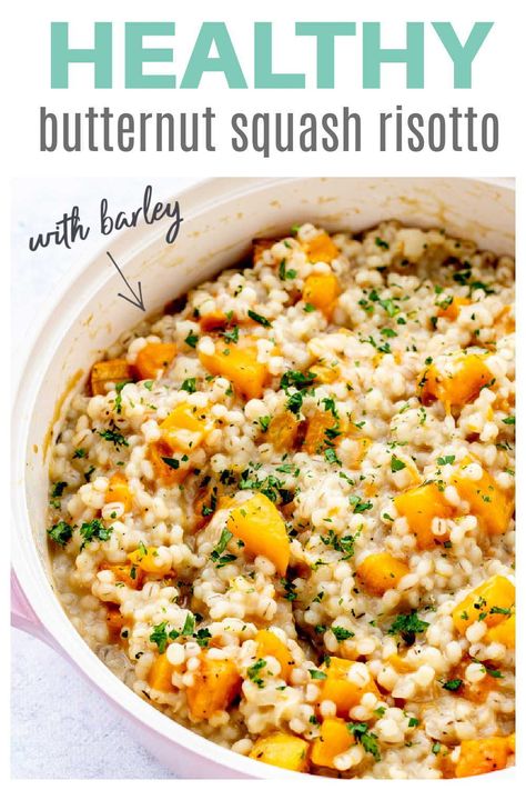 The healthy butternut squash barley risotto is the perfect way to mix up your healthy meals! In this recipe, pearl barley is combined with roasted butternut squash for a simple, delicious and comforting dish that you’ll want make on repeat. Creamy, savory, and easy to make ahead too! Follow the recipe guide here - click to proceed. Barley And Butternut Squash, Butternut Squash Barley Risotto, Barley Pearl Recipes, Italian Barley Recipe, Barley Dinner Recipe, Pear Barley Recipe, Pearl Barley Risotto, Barley Risotto Recipe, Recipes With Barley